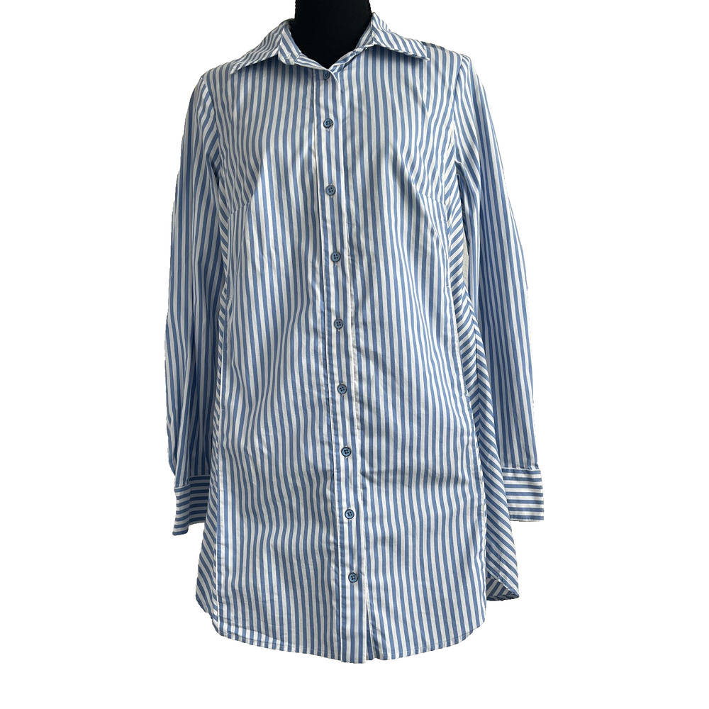 Cabi Shirt Dress Tunic Small Blue White Striped Pockets Resort Wear